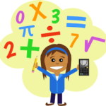 student standing in front of math symbols